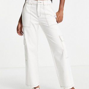 ASOS DESIGN clean cargo pants in off-white with contrast stitching